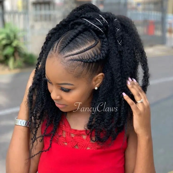 lady in red rocking braided ponytail