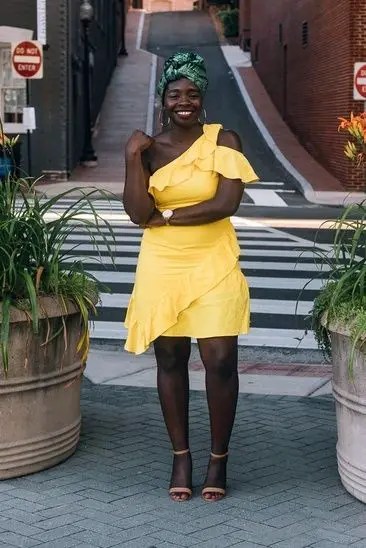 black lady in a yellow wrap dress - Outfits for Ladies with Big Belly