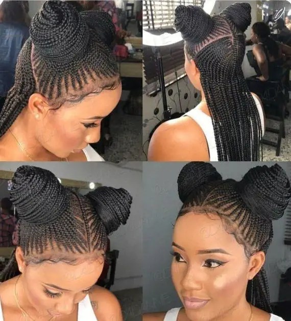 picture grid of a lady wearing double bun shuku