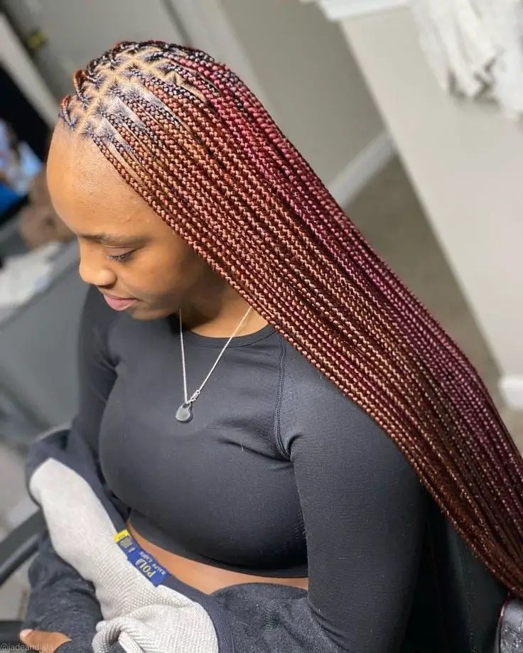 lady wearing brown knotless braids