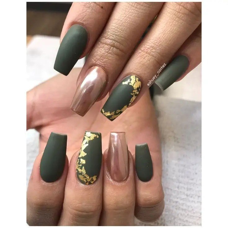 dark green and gold false nails