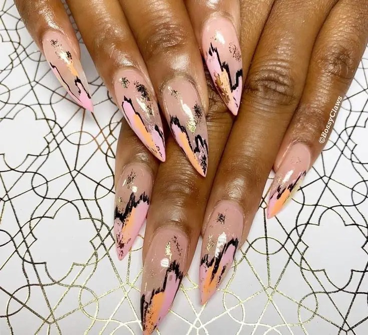 pink and black design fake nails