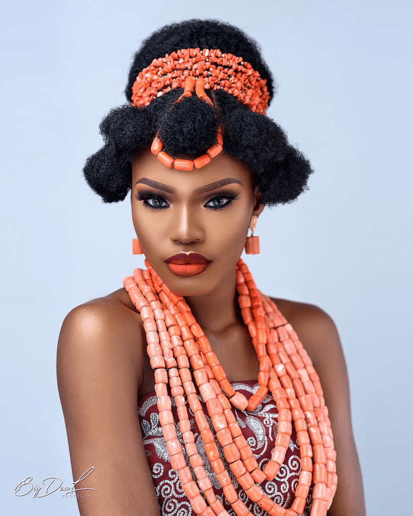 Igbo bride wearing Ngala hairdo with beads