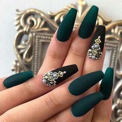 black nails with rhinestones on finger nails