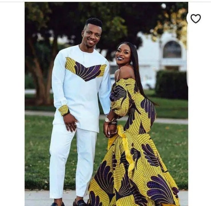 lady rocking ankara gown with man wearing white senator with a touch of ankara