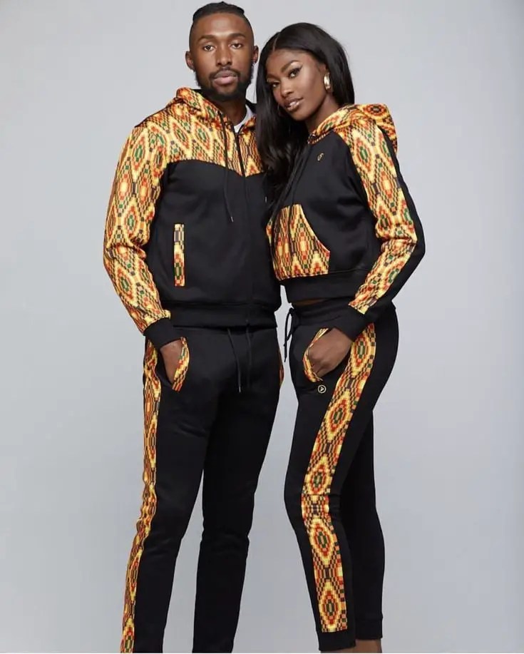 couple posing for a shot in matching ankara Afro-urban outfit