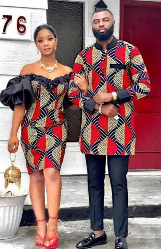 couple wearing ankara suit and matching short gown