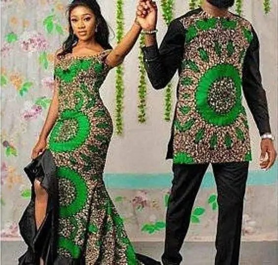 man wearing ankara senator with wife wearing matching gown