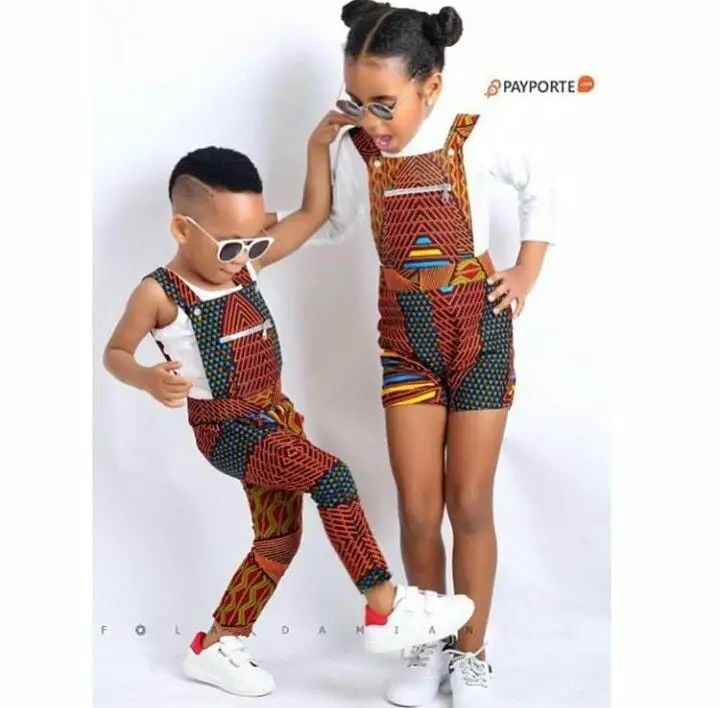 boy and girl wearing ankara dungarees