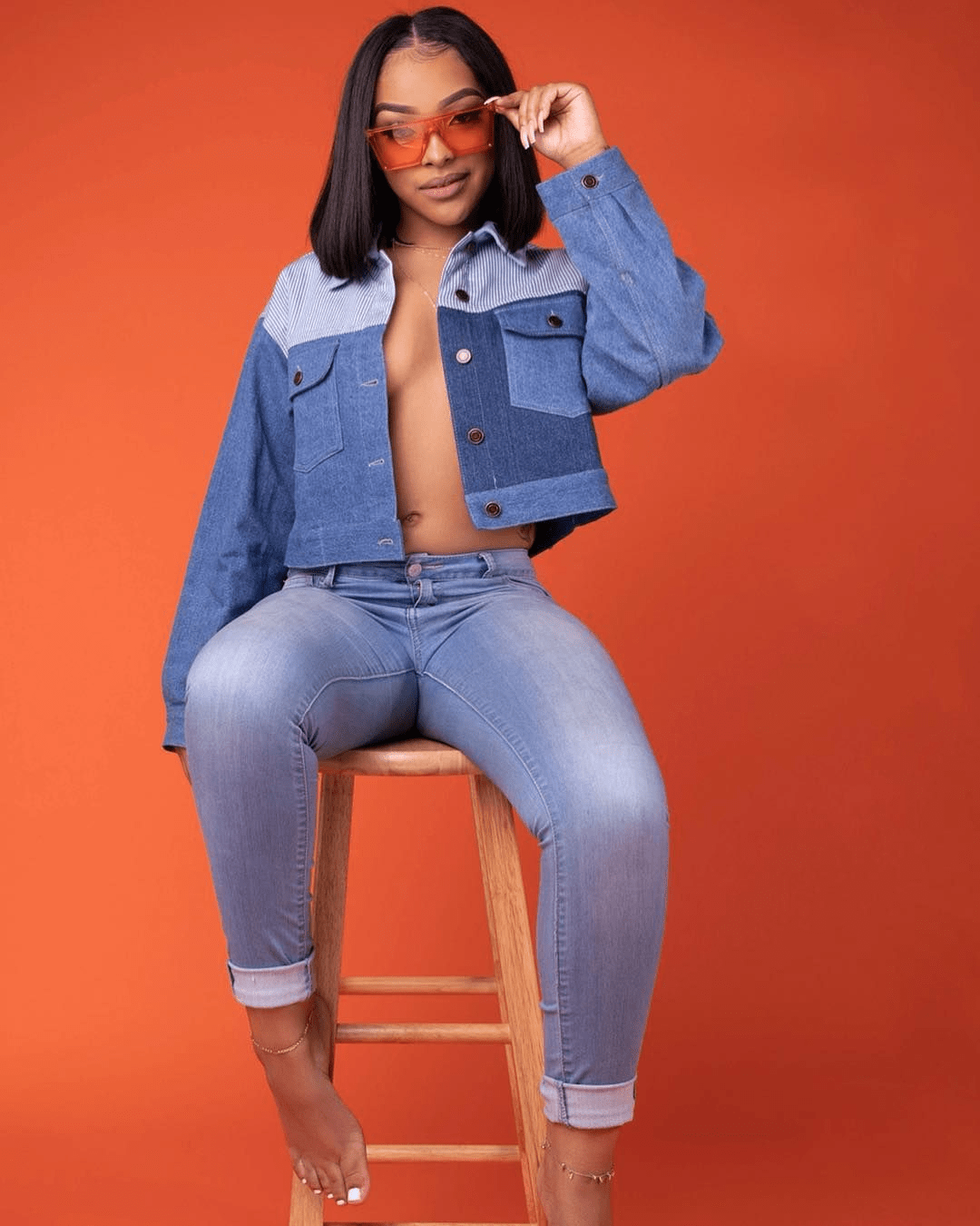 lady wearing hot jean jacket and pants
