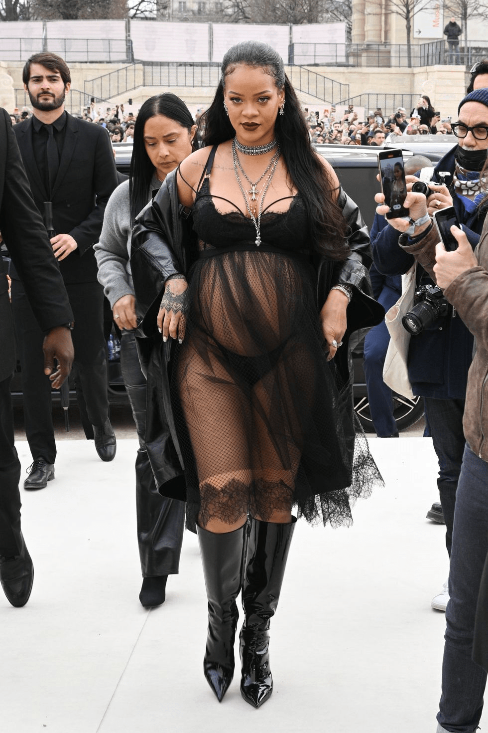 Rihanna wearing a black see-through dress during pregnancy
