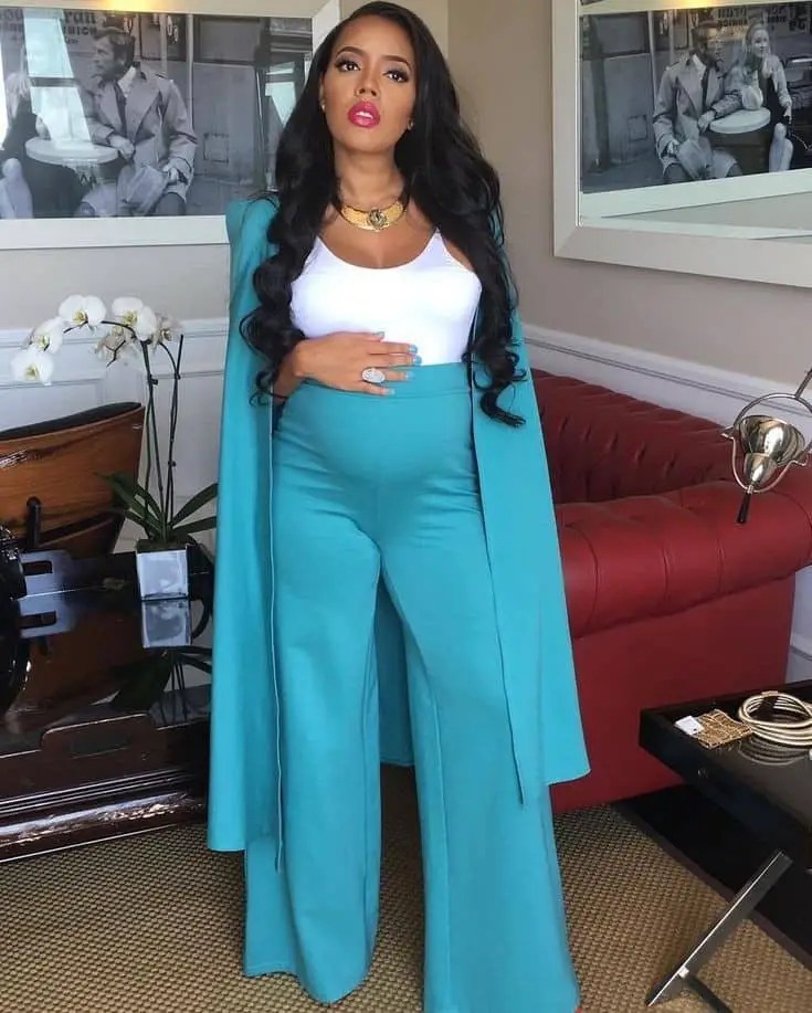 pregnant Tiwa Savage wearing suit on maternity palazzo
