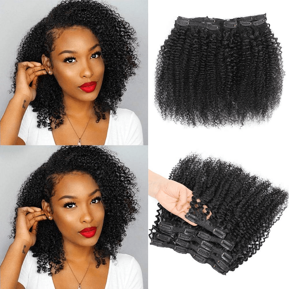 Photo mix of a woman wearing a wavy clip-in extension