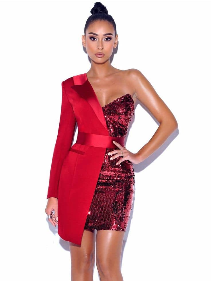 Woman wearing a red sequined blazer dress