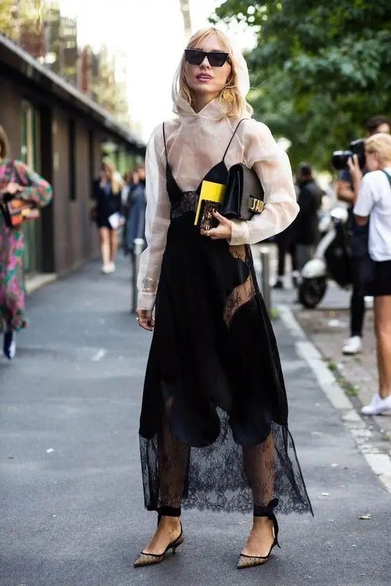 Woman wearing sheer top and sheer black dress