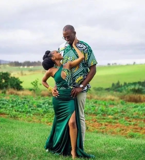 Couple wearing open and modern Swazi traditional clothing