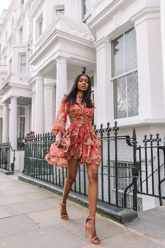 Beautiful woman wearing floral dress as cute outfit idea