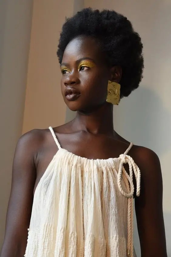 Black model wearing afro short hairstyle for women