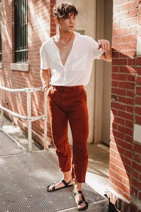 a guy wearing cropped high-waisted pants for men