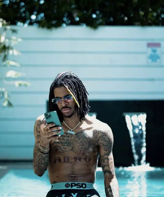 Bare-chested man wearing full dreadlocks and holding a phone