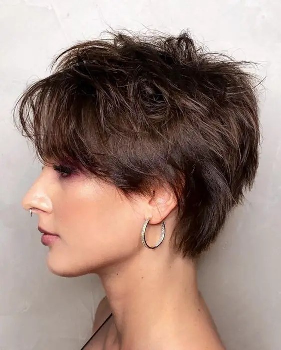 Woman wearing short brown layered hair with hoop earrings and nose ring