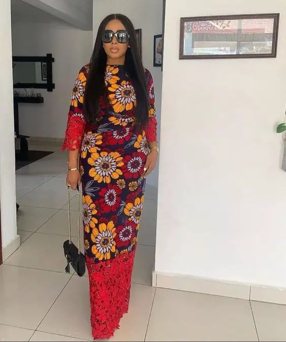Woman wearing ankara and lace gown style combination for wedding