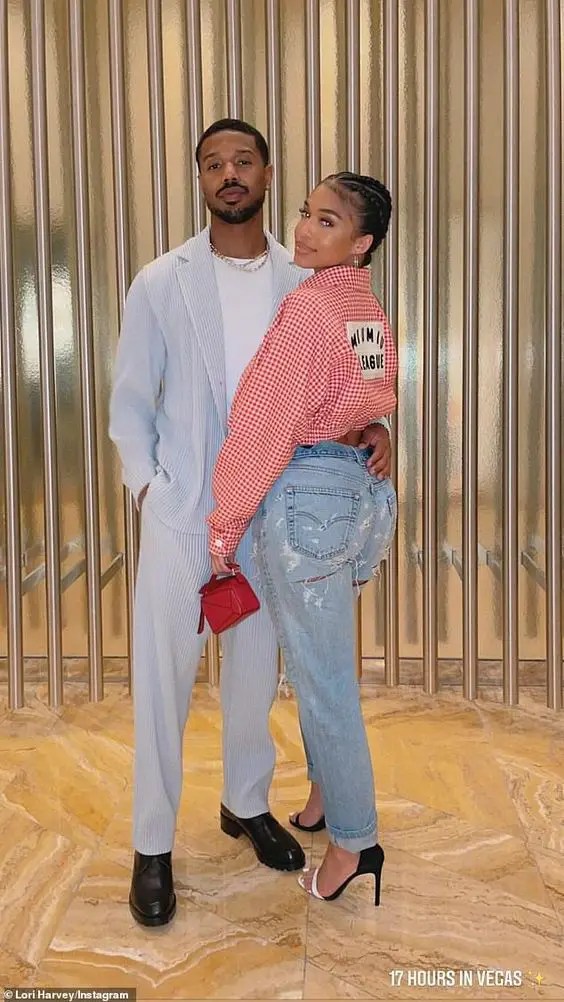 Lori Harvey in a red striped shirt and Michael Jordan rocking a Valentine's Day outfit for couples
