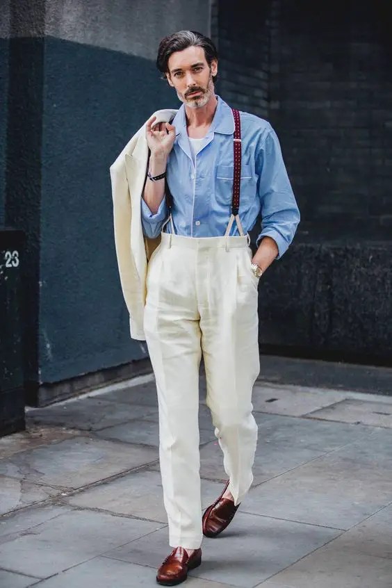 Man wearing high-waisted men's pants with suspenders