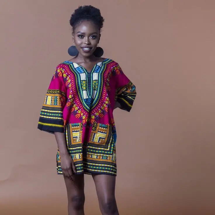 woman in dashiki short dress