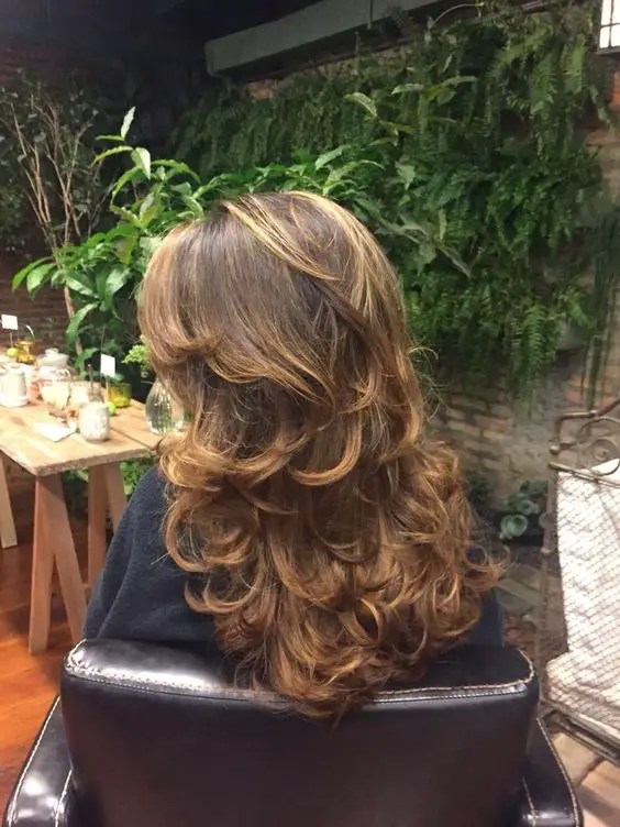 back view of curly feather layers hairstyle