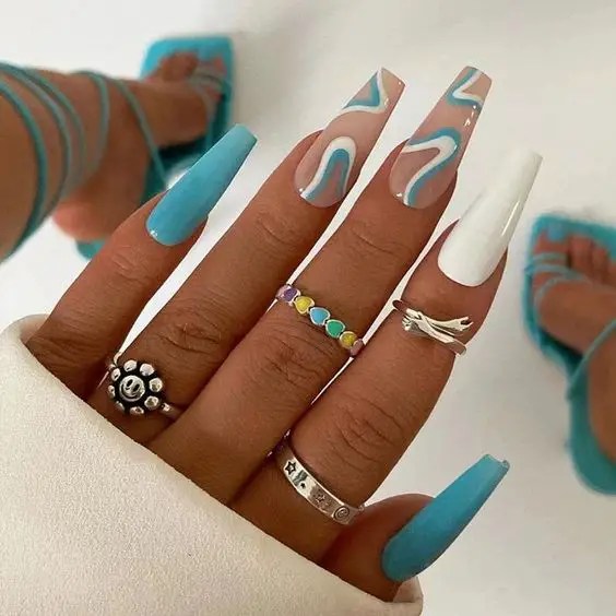 Full view of beautiful aquatic themed nails