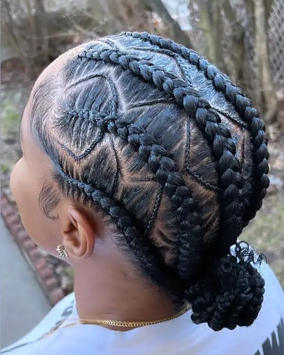 Back view of stitched cornrows with caret detail