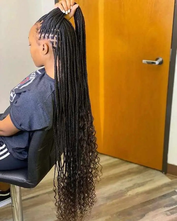 A beautiful woman shows off her long braids with black extensions.