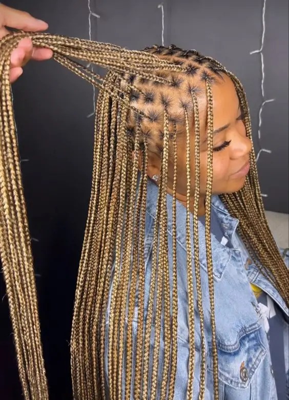 The woman shows off her gorgeous little knotless braids.