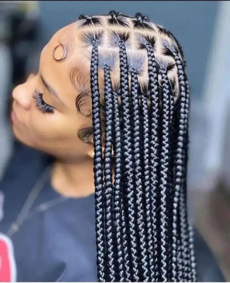 A profile of a woman rocking gorgeous braids with beautifully curled baby hair.