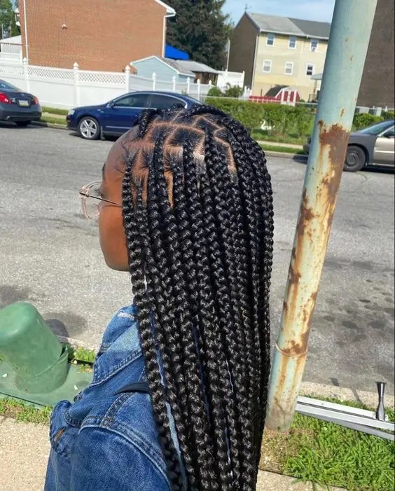 The woman shows off her medium braids without knots with black extensions.
