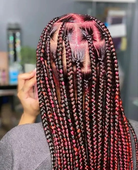 Back view of beautiful burgundy colored braids