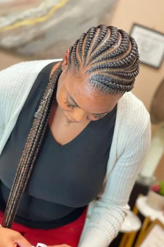 Woman lowering her head slightly to show braided braids