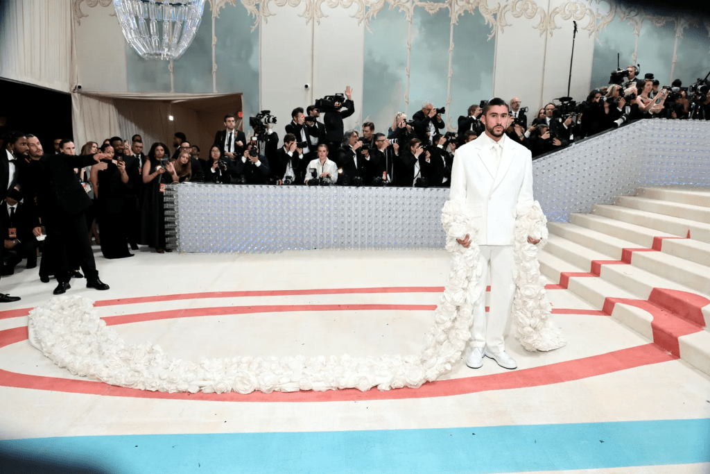 Bad Bunny headed to the Met Gala in a white suit and eight-meter floral train