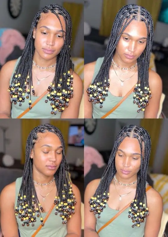 Black braid with yellow, black and brown beads