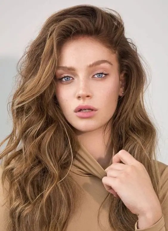 A blend of brunette and blonde highlights.