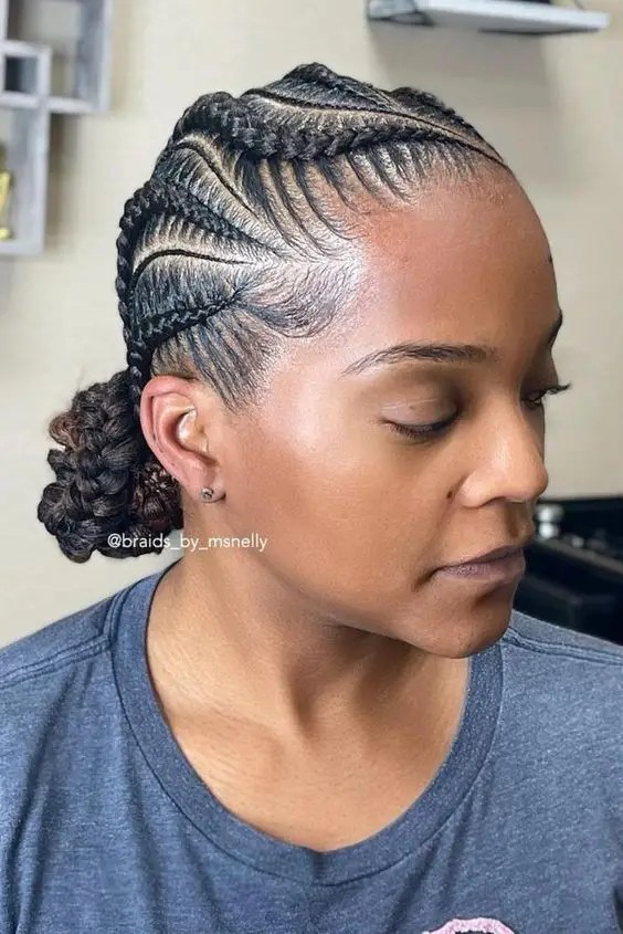A woman rocking her unique straight back braid