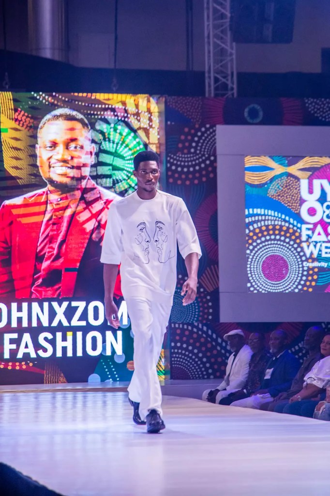 The male model shows off the runway sow senator look.