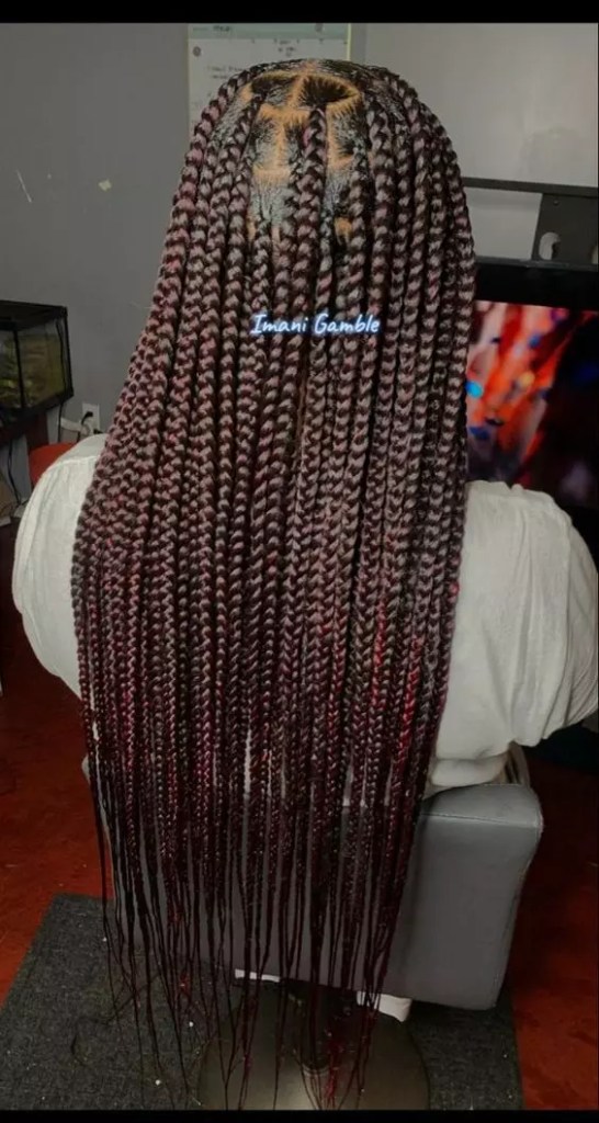 A back view of a woman rocking burgundy hair extensions in her medium braid without knots.