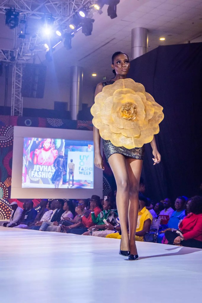 A female model rocking Jeba's fashion at the runway show.