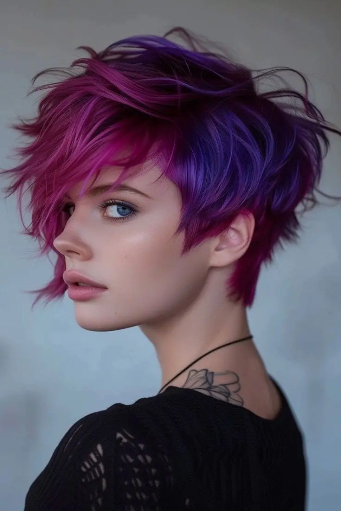 32 ideias impressionantes para elevar seu visual 12 corte de cabelo longo pixie roxo rosado