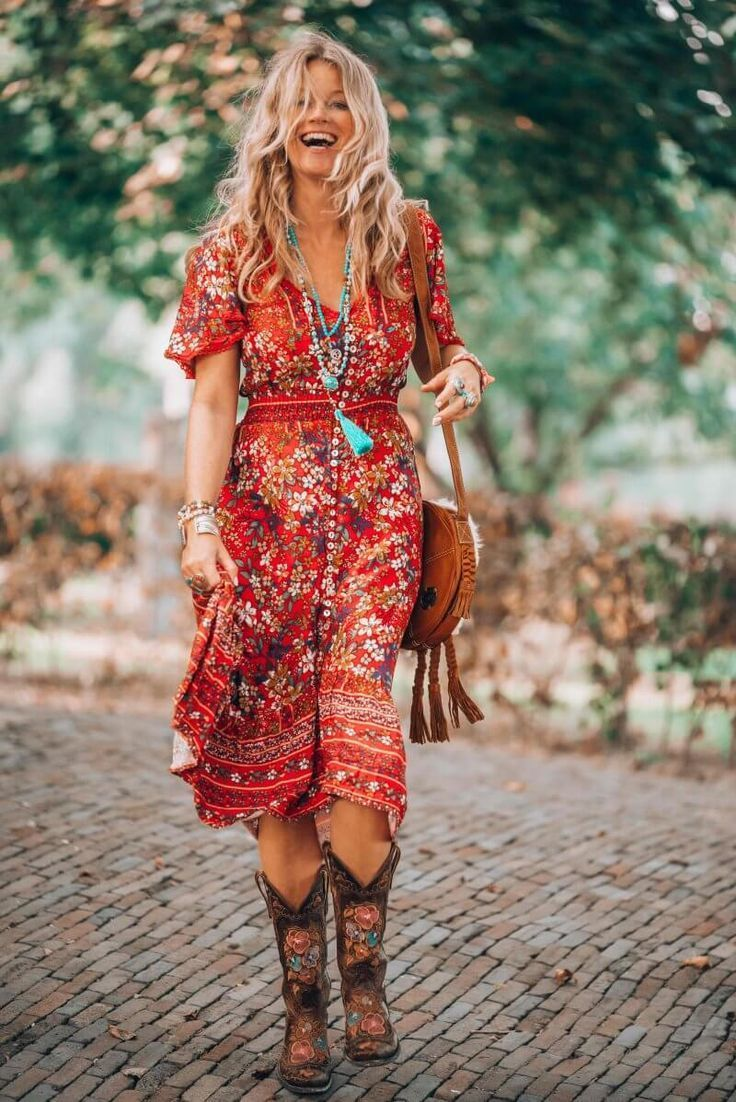 Smiling woman wearing bohemian style outfit