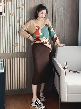 Asian lady wearing top on midi pencil skirt with sneakers