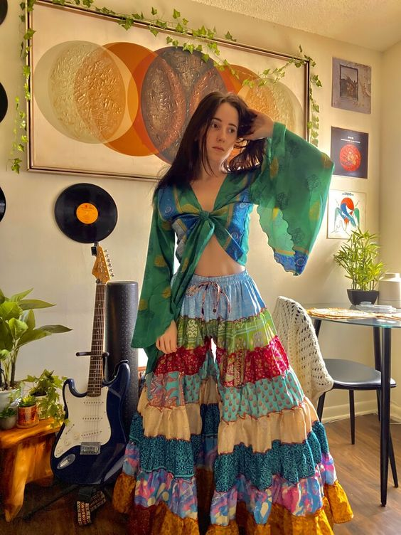 Woman wearing bohemian outfit indoors