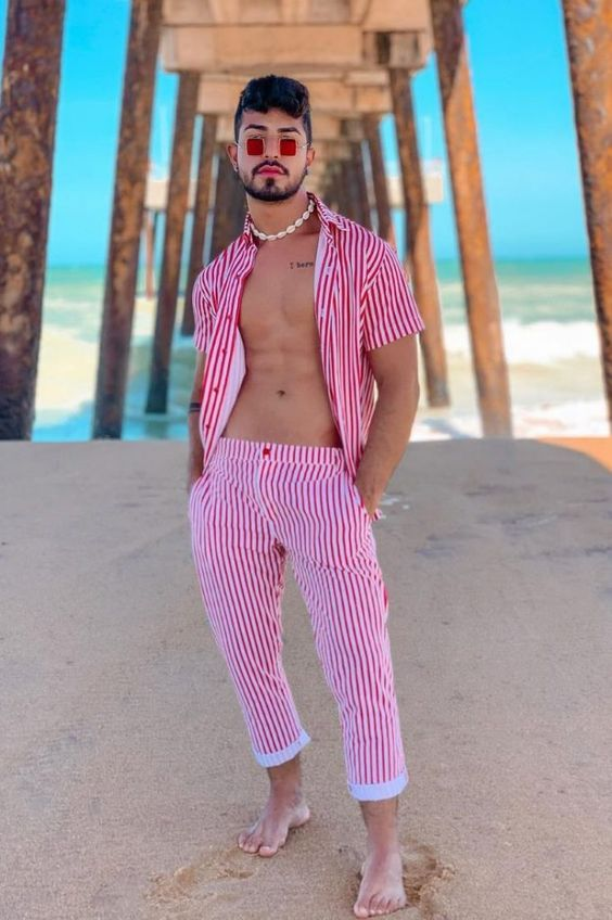 man wearing coordinated set beach wear